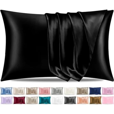 Imagen de Pamposh Juego de 2 fundas almohada seda satinada para cabello y piel, tamaño estándar con cierre sobre (2 50 x 75 cm), color negro