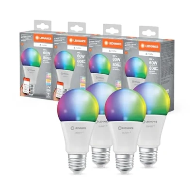 Imagen de LEDVANCE Lámpara LED SMART+ MATTER, compatible con Google, Alexa, Apple, aspecto esmerilado, 9W, 806lm, base E27, función RGBW y luz blanca, control por app o voz, vida útil de hasta 20.000 horas