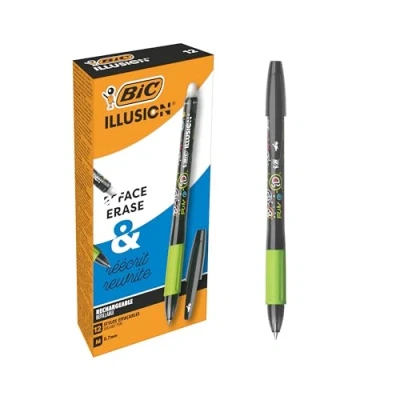 Imagen de BIC Illusion Bolígrafos Borrables y Recargables de Punta Media (0,7 mm) Tinta Negra, Caja 12