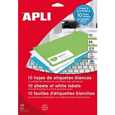 Imagen de APLI 12917 Etiquetas blancas permanentes adhesivas imprimibles, Inkjet Laser Copy, tamaño etiqueta 210 x 297 mm, cantos rectos, pack de 10 hojas A4 (10 etiquetas)