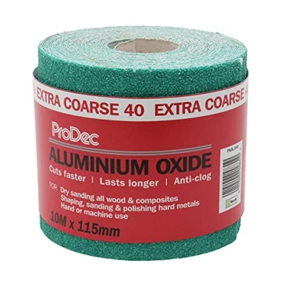 Imagen de ProDec Rollo de papel lija abrasivo óxido aluminio verde grado 40 para lijar madera, pintura, yeso, relleno, metal y más, 115 mm ancho, compatible con lijadoras