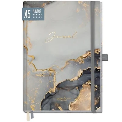 Imagen de paper&amp;you® Premium Bullet Journal punteado [Mármol Gris] cuaderno A5 188 páginas de papel grueso agenda con banda elástica, portabolígrafos sostenible y climáticamente neutro