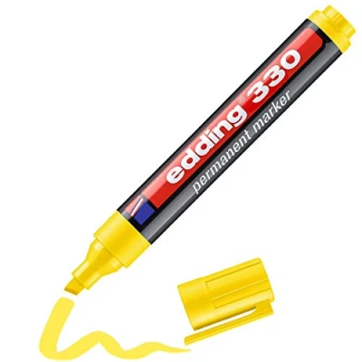 Imagen de edding 330 marcador permanente amarillo 1 rotulador punta biselada 5 mm resistente al agua, de secado rápido, rotuladores indelebles para cartón, plástico, vidrio, madera, metal
