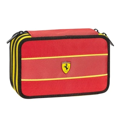 Imagen de Ferrari Kids estuche escolar oficial Ferrari, de 3 compartimentos para niño con juego papelería, bolígrafo borrable azul Frixion y práctico cierre cremallera, 20 x 13 7 cm, rojo