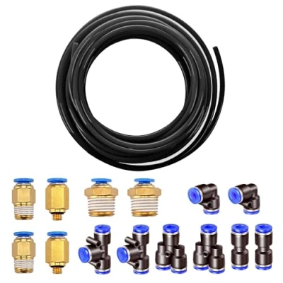 Imagen de HUAZIZ 10m Manguera Aire Poliuretano, 4mm de PU Tubo Negro + 14Pcs Air Push Quick Fittings,Conectores Neumáticos Impresora, Conexión Rápida Tuberías