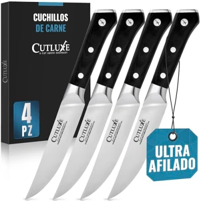 Imagen de Cutluxe cuchillos de carne Juego 4 borde recto Acero alemán forjado alto carbono Espiga completa Diseño ergonómico Serie Artisan