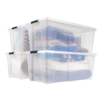 Imagen de Iris Ohyama 4 Cajas de almacenaje con tapa y cierres a presión, 45L, Transparente, apilables, encajables, contenador para ropas, juguetes, hogar, oficina armario, organizar espacio, plástico,