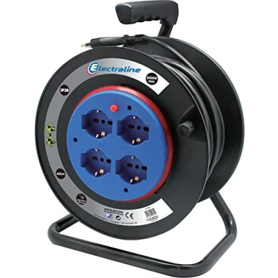 Imagen de Electraline 49032 Alargador eléctrico con enrollacables de Tambor Fijo m 4 Tomas polivalentes (Schuko + 10/16 A) Enchufe Grande 16 A, protección sección del Cable 3G1,5 mm² Negro, 40 MT