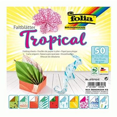 Imagen de folia Foldersys Tropical (15 x 15 cm, 80 g/m², 50 Hojas Surtidas, 10 diseños, Ideal para Figuras y Formas Plegables), Color carbón, (470/1515)