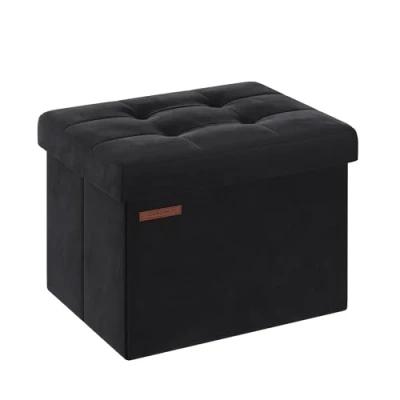 Imagen de SONGMICS Puff Almacenaje, Banco de Almacenamiento Terciopelo Plegable, Taburete Reposapiés, 31 x 41 cm, Carga 130 kg, para Entrada, Sala Estar, Dormitorio, Negro Tinta LSF200B01