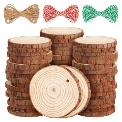 Imagen de LOOFORE 54Pcs Rodajas de Madera Natural 6 7 cm Discos Rebanada Círculos sin acabado Decoracion Navideña con agujero y 30M cuerda para Manualidades
