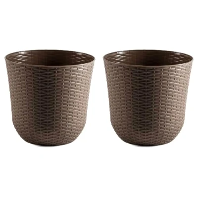 Imagen de AC Pack de 2 macetas Redonda Fabricación en plástico Diseño Rattan Ideal como macetero, Tiesto, Recipiente para Plantas, Flores, balcón, terraza, jardín Ø 33 cm Color Topo