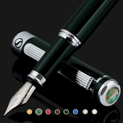 Imagen de Scriveiner Pluma Estilográfica Impresionante Lujosa con Acabado Cromado en Verde Muy Oscuro, Plumín Schmidt (Fino), Mejor Set de Regalo Empresa para Hombre y Mujer, Ejecutivo, Oficina