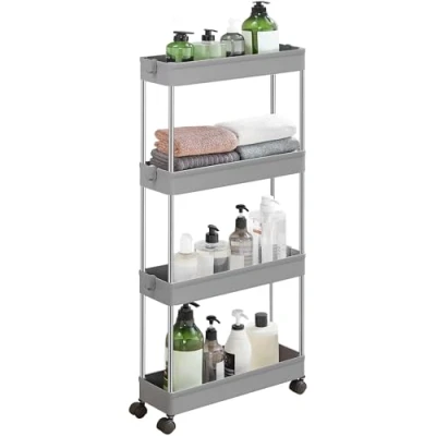 Imagen de SONGMICS Carro de Almacenamiento 4 Niveles, Carrito con Ruedas, Cocina, Ahorro Espacio, para Baño, Oficina, 14,4 x 42 86 cm, Gris Paloma KSC008G01