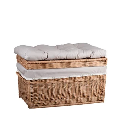 Imagen de e Wicker24 Caja grande, cesta, cesta baúl de almacenamiento mimbre con cojín asiento, (70x43 H44, natural/beige)