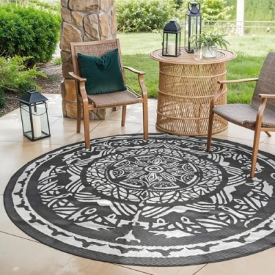 Imagen de EVOCAMP Alfombra redonda de exterior 240 cm diámetro, plástico, resistente a la intemperie y ligera, manta picnic para exteriores, fibra terraza balcón, color gris
