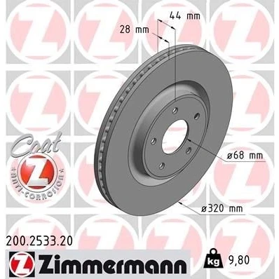 Imagen de ZIMMERMANN COAT Z 200.2533.20 Disco de freno 320 28 5/5 5 114 ventilación interna revestido NISSAN: X Trail, RENAULT: Koleos 2