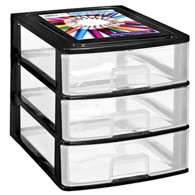 Imagen de COM FORT HOUSE Cajonera Apilable de Plástico Modelo Transparente Color Negro 3 Cajones Almacenamiento Modular