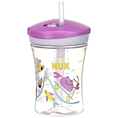 Imagen de NUK Juego 3 en 1 para aprender a beber con Trainer Cup Taza pico (6+ meses), Magic 360 (8+ M) y botella Action niños (12+ M), 230 ml, sin BPA, color morado
