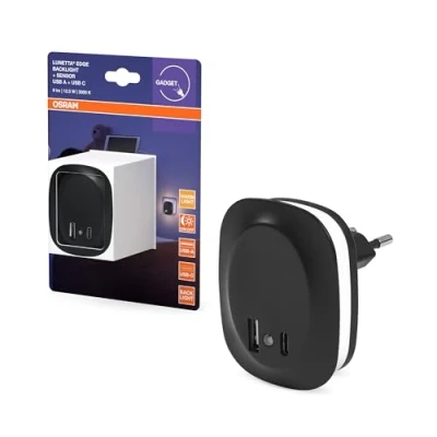 Imagen de OSRAM luz nocturna enchufable LUNETTA EDGE, negra, 0,35 W, 10 lm, blanca cálida, sensor de diurna, puerto USB A y C, tecnología LED, funcionalidad carga, larga duración, IP20, 3000K.