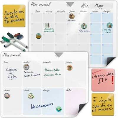 Imagen de XOLULA calendario magnetico nevera + pizarra magnetica semanal 4 rotuladores 10 stickers recordatorios y 3 imanes para notas en español planificador mensual