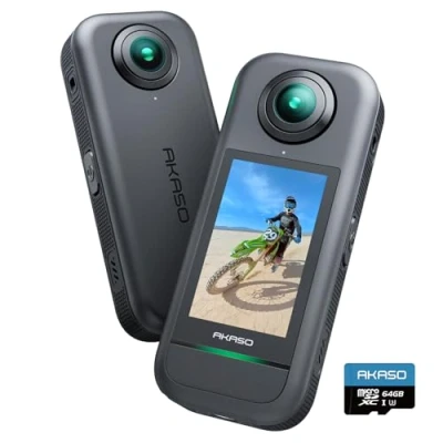 Imagen de AKASO 360 Cámara de acción con 64GB microSDXC U3 Tarjeta Memoria, Sensor 1/2&quot;, 5.7K 360, Fotos 72MP, Pantalla táctil 2.29&quot;, Deportiva Estabilización, para Deportes