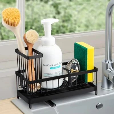 Imagen de Sinnsally Organizador Fregadero,Soporte para Esponja de Cocina,Organizador Armarios Lavavajillas,Organización Fregadero con Bandeja Desagüe Extraíble