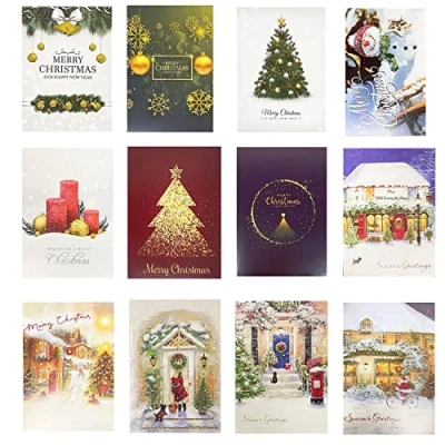 Imagen de tarjeta de Navidad, con Purpurina felicitacion regalo, Conjunto 24 Plegable Tarjetas + Sobres papel Pegatinas DIY notas felicitación Navideñas postales