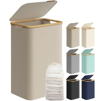 Imagen de SONGMICS Cesto de Ropa Sucia con Tapa, Gran Cesta Sucia, 90 L, Forro Malla Extraíble, Tejido Oxford, Asas Bambú, Plegable, 42 x 32 70,5 cm, Marrón Camello LCB509N01