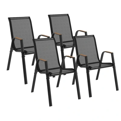 Imagen de Lote de 4 sillas jardín apilables metal y textileno NOUMEA, negro madera