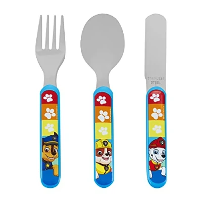 Imagen de PAW Patrol Juego de cubiertos 3 piezas metal, cuchillo, tenedor y cuchara reutilizables para niños, tamaño infantil, hechos acero inoxidable apto alimentos plástico ABS, escombros