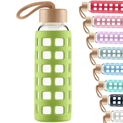 Imagen de Cleesmil Botella de Agua Cristal Deporte con Funda Silicona Tapa Bambú 1000 ml (Pasto Verde)