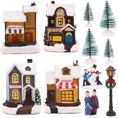 Imagen de Toyland® Mini Decoración de Escenario Pueblo y Tienda Navidad con Luces del navideña (12 Tiendas)