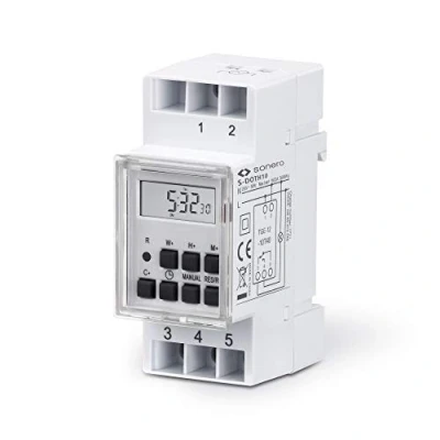 Imagen de Sonero Temporizador Digital para instalación en riel de Perfil Sombrero Panel Control, 3600W, Pantalla LCD, 10 programas conmutación, 12/24 h, IP20, Blanco (S DOTH10)