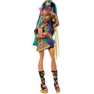 Imagen de Monster High Muñeca Nefera de Nile, Momia Real con Vestido su Escarabajo Mascota Lavish y 7 Accesorios como un Bolso, portátil, Gafas Sol, Bebida Comida, JDR48