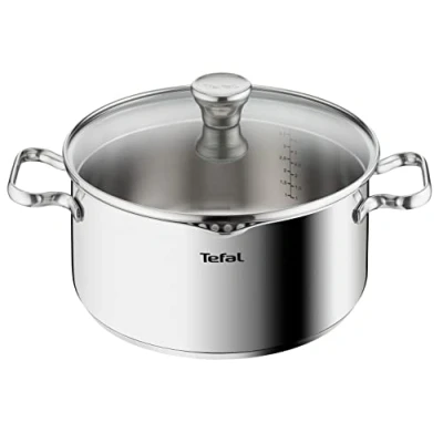 Imagen de Tefal Duetto Cacerola 24 cm de acero inoxidable, tapa coladora inteligente, bordes vertedores, cazo inducción, construcción robusta, mango ergonómico remachado, cristal, todas las cocinas