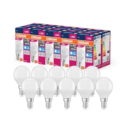 Imagen de OSRAM Valor de estrella LED Lámpara clásica P40 para enchufe E14, forma caída, FR, 470 lúmenes, luz día blanca (6500k), reemplazo bombillas convencionales 40W, 10 paquetes