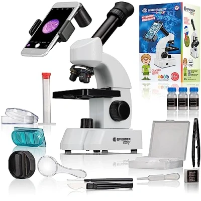 Imagen de Bresser Microscopio Junior con Aumento de 40 x 640 aumentos, Ocular Zoom y Amplio Paquete iniciación Inicio en la microscopia, Blanco