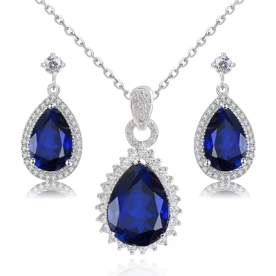 Imagen de Crystalline Azuria Mujer 18ct Chapado en Oro Blanco Lágrimas Zafiro simulado Azul Cristales de Zirconia Juego joyas Collar con Colgante 45 cm Pendientes