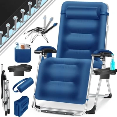Imagen de KESSER® Tumbona Plegable XXL, Resistente a la Intemperie, Capacidad de Carga 200kg, Tapizado Ergonómico, Respaldo Ajustable, Cojín Cervical, Portavasos y para Brazos, Basic Azul Marino