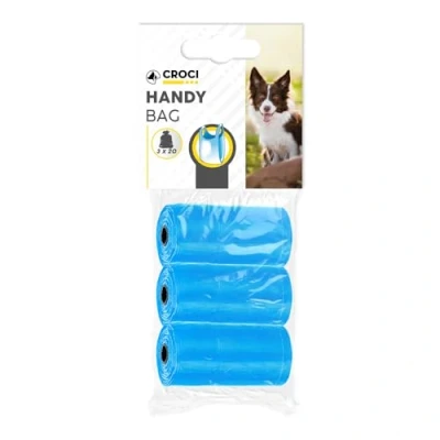 Imagen de Croci Bolsas Higiénicas Para Excrementos De Perros, 3 Rollos Total 60 Bolsas, Con Asas, Azul Claro
