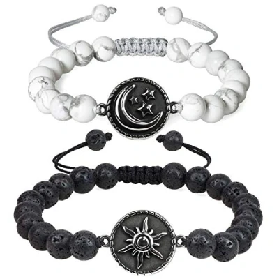 Imagen de COAI Pulseras de Distancia para la Pareja Howlita y Piedra Lava con Adorno Sol Luna