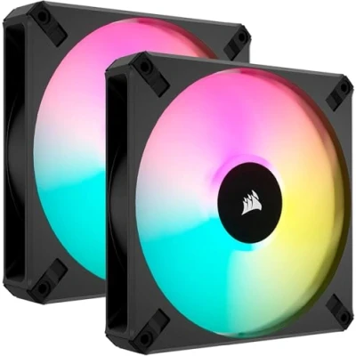 Imagen de Corsair iCUE AF140 RGB ELITE de 140 mm Kit Dos Ventiladores PWM Ocho LED por Ventilador Tecnología AirGuide Controlador Lighting Node CORE Incluido Negro
