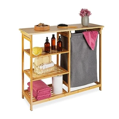 Imagen de Relaxdays Estantería Cesto Ropa Sucia, Bambú, 3 Baldas, Saco Colada Extraíble, 82 x 100 32 cm, Canasto Baño, Natural, Algodón