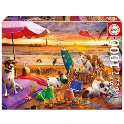 Imagen de Educa Puzzle de 1000 Piezas para Adultos Perros Jugando en la Playa. Incluye Pegamento Fix Puzzle. Medidas: 68 x 48 cm. A Partir 14 años (20312)
