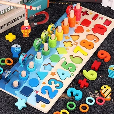 Imagen de Montessori Juego de pesca magnética madera para aprender los colores y matemáticas