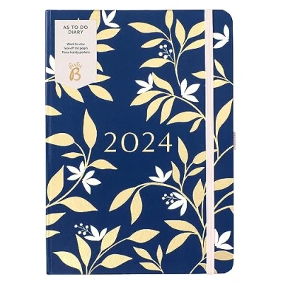 Imagen de Busy B Diario To Do Enero a diciembre 2024 Diseño floral Azul Marino y Oro Agenda semanal A5 con notas, listas arrancables bolsillos