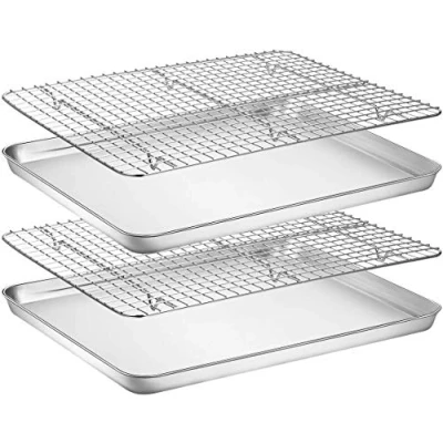 Imagen de Umiten Juego de bandeja para hornear y estante [2 hojas + 2 estantes], galletas acero inoxidable con refrigeración, no tóxica, resistente fácil limpiar (40,6 x 30,4 2,5 cm)