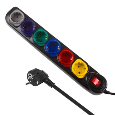 Imagen de Maclean Regleta de 6 Enchufes Interruptor Cable Extensión 1,5m Múltiple Protección Infantil Montaje en Pared 2500W (Negro/Multicolor)
