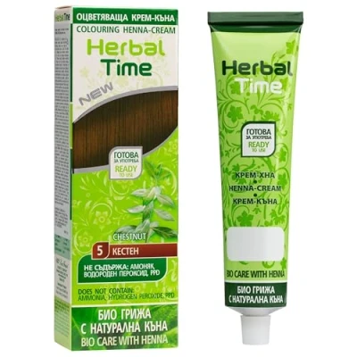 Imagen de Herbal Time Henna para Pelo Natural Colorante en Crema Cubre Canas Tinte Coloración Temporal Sin Amónico, Sulfatos y Parabenos Color Castaño 5 75ml